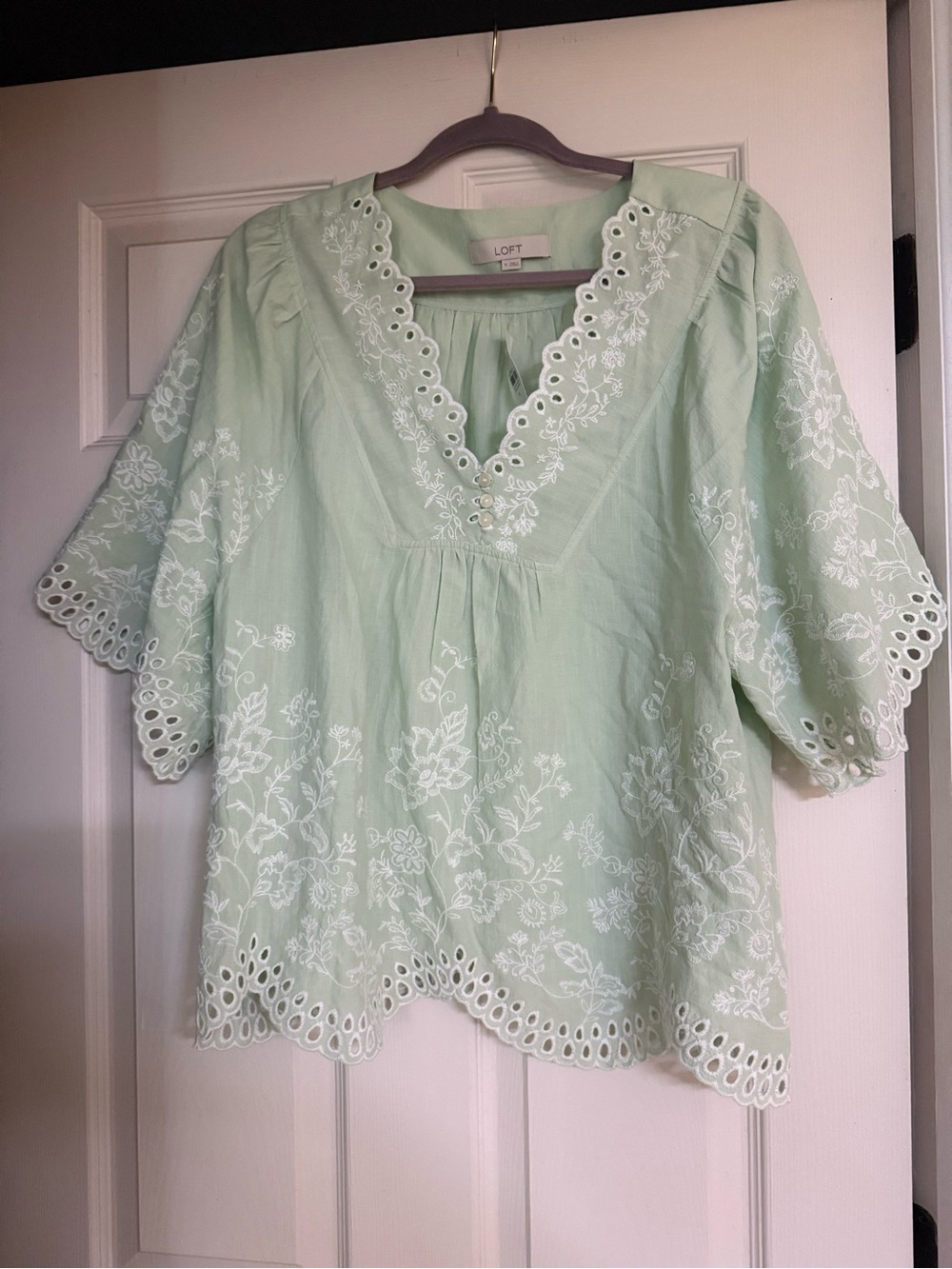 LOFT Mint Green Embroidered Eyelet V-Neck Blouse